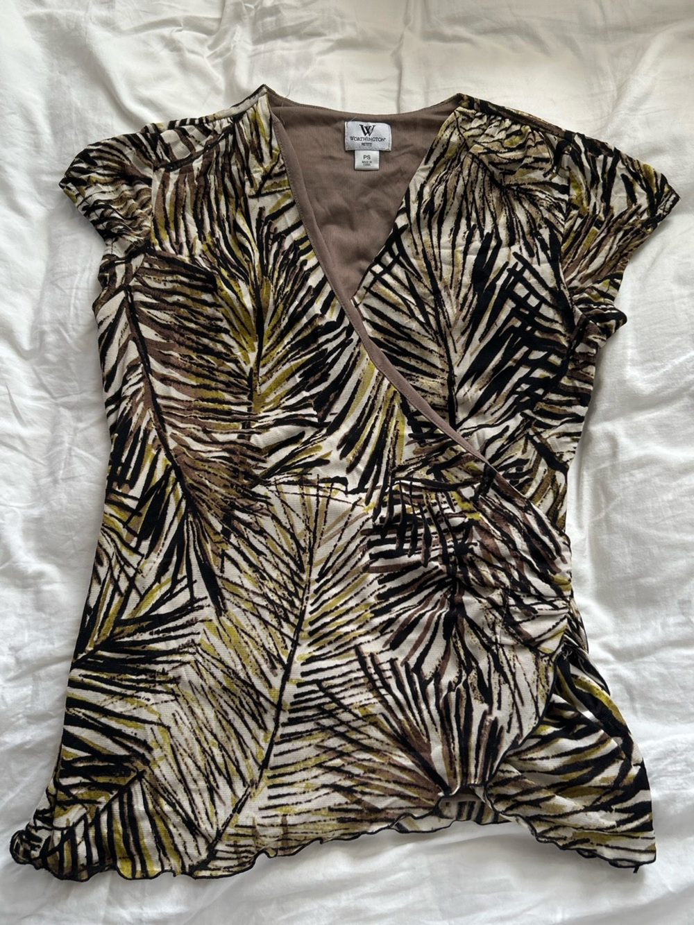 Worthington Olive, Black & Cream Palm-Print Surplice Top